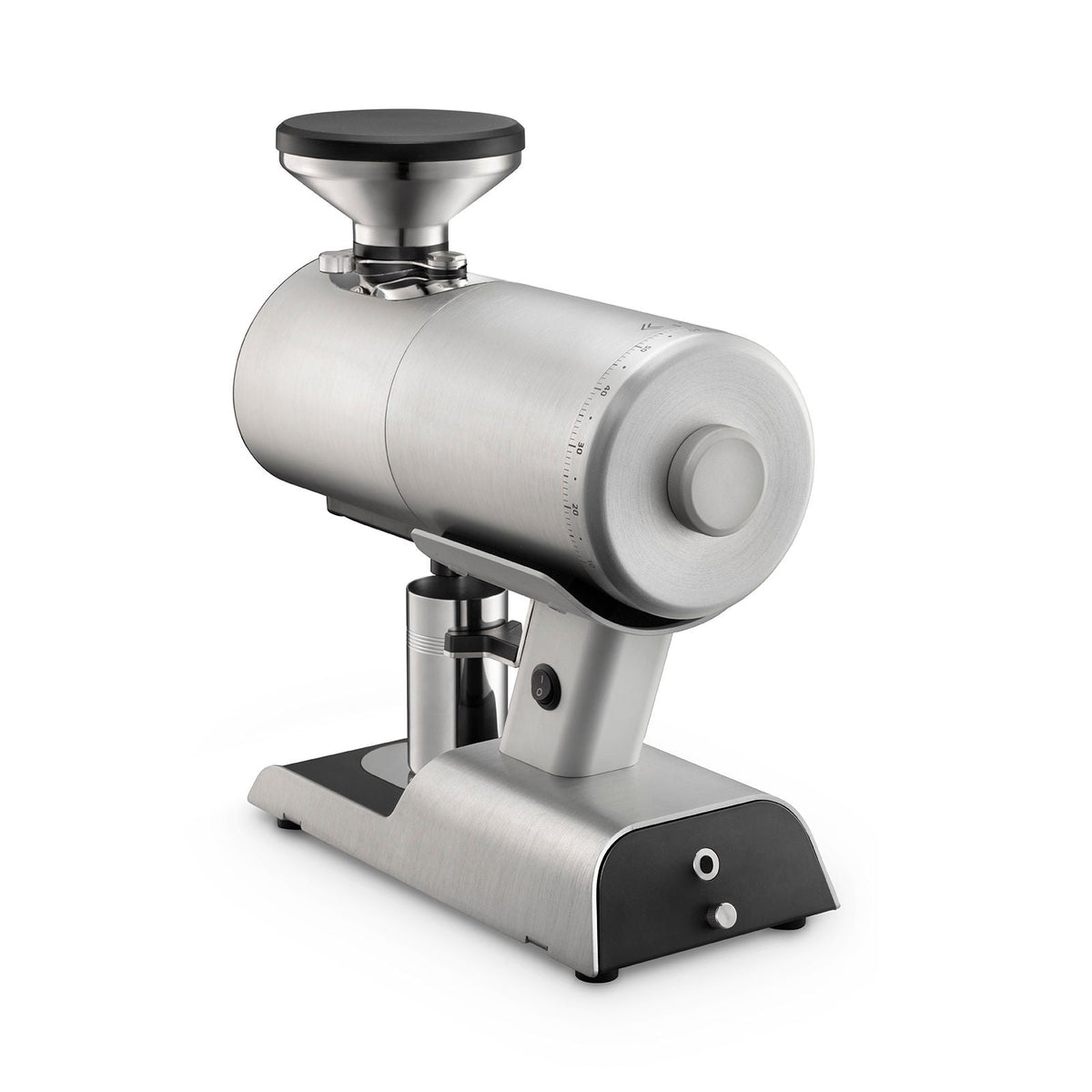 Mazzer Philos Silver single dose espresso grinder with dosing cup from behind